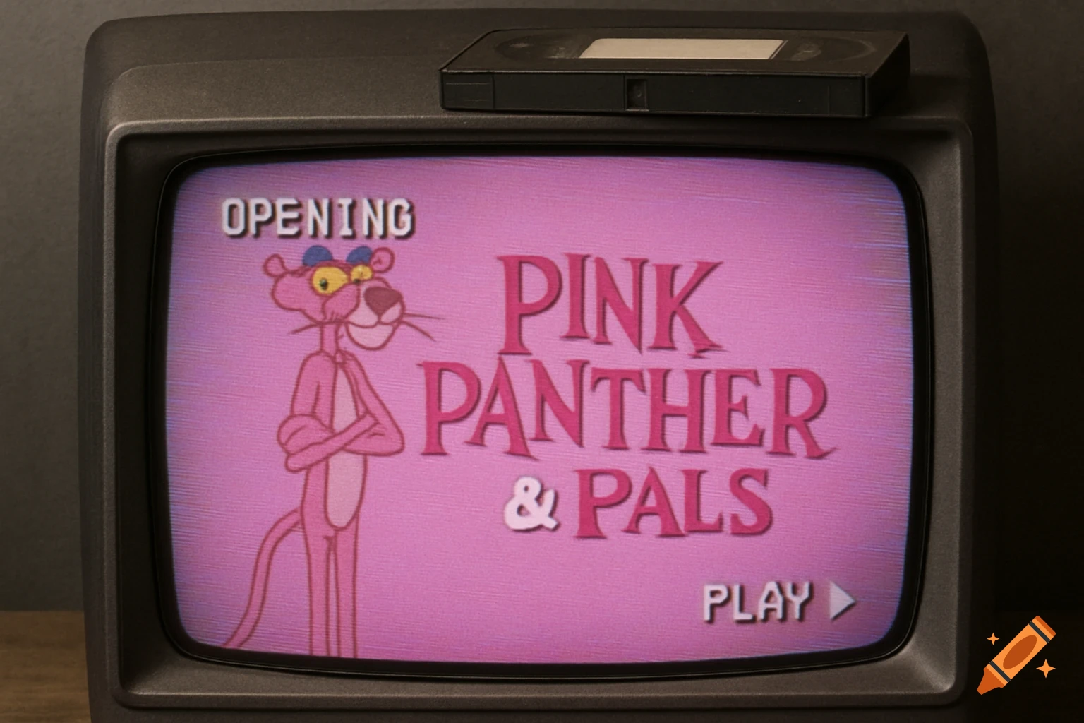 A retro CRT TV displays the Pink Panther cartoon title screen with a VHS effect, reading 'OPENING PINK PANTHER & PALS' and 'PLAY'.
