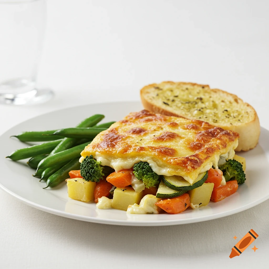 A plate of vegetable gratin topped with melted cheese, served with green beans and a slice of garlic bread on a white background.
