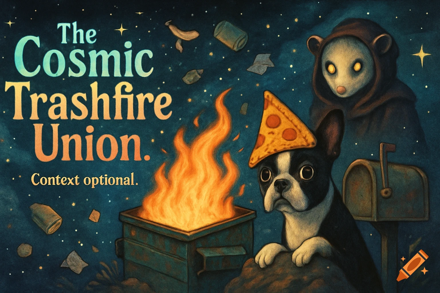 A whimsical illustration of a Boston Terrier with a pizza hat and a hooded possum next to a flaming dumpster under a starry sky. Text: "The Cosmic Trashfire Union."