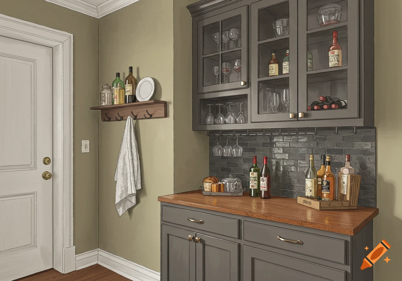 A detailed illustration of a home dry bar with grey cabinets, a wooden countertop, and shelves filled with bottles and glasses.