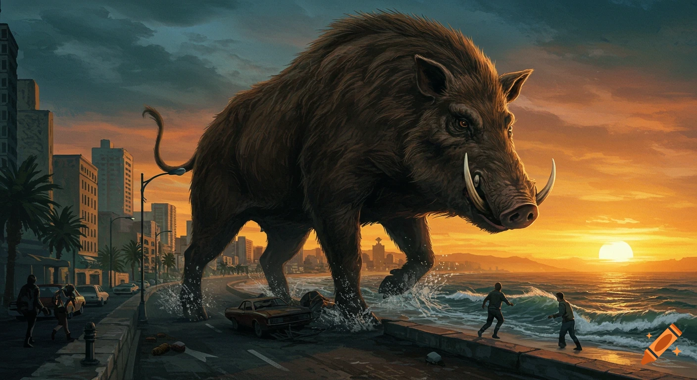 A giant wild boar walks through a flooded city street at sunset, causing destruction and sending people fleeing.