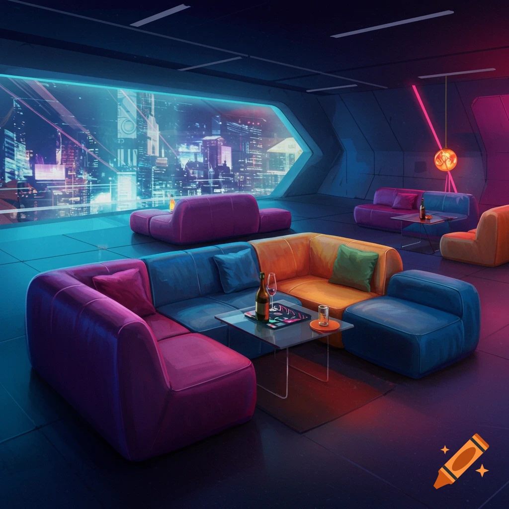 A vibrant, neon-lit cyberpunk lounge with colorful modular sofas overlooking a futuristic cityscape at night.