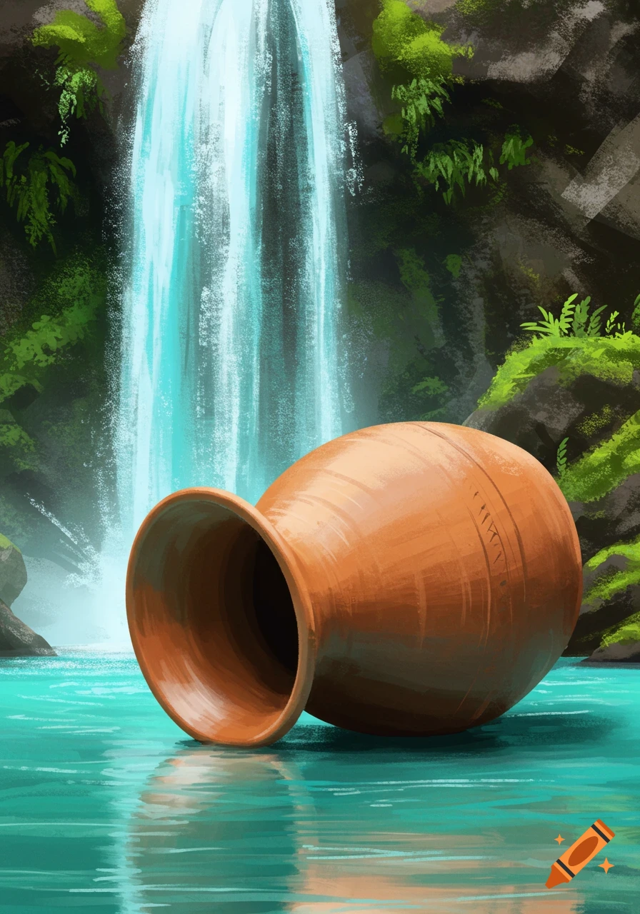 An orange clay pot lies sideways in turquoise water at the base of a lush waterfall, illustration.