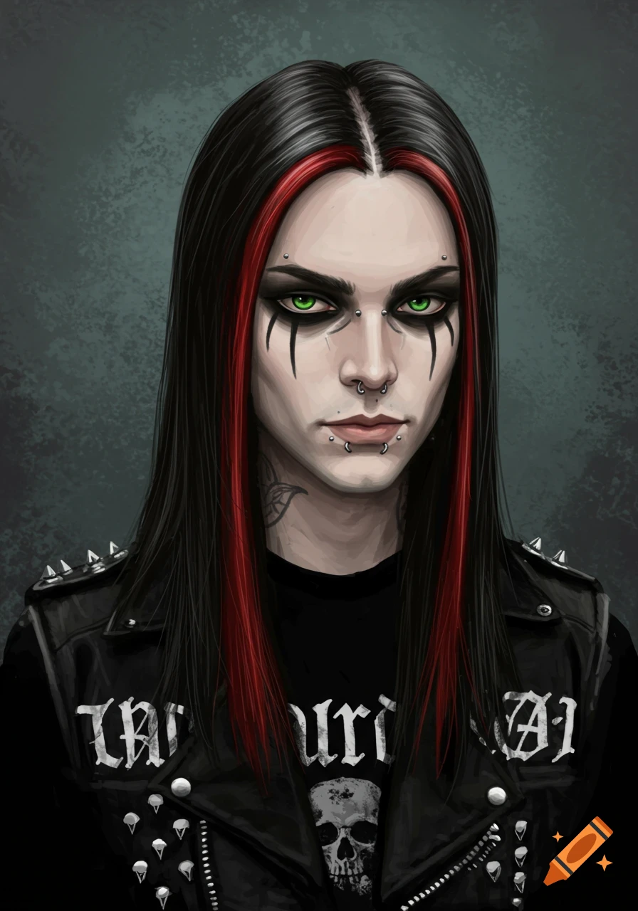 A pale metalhead with long black hair with red streaks, green eyes, black makeup, and facial piercings, wearing a studded leather jacket and a skull t-shirt.
