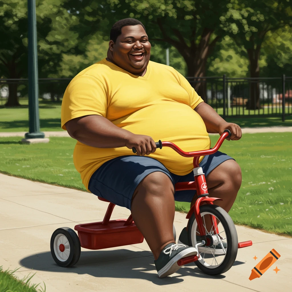 An obese Black man happily riding a small red tricycle on a paved path in a park.