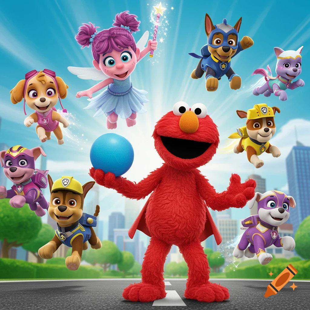 Elmo holding a blue ball, surrounded by smiling Abby Cadabby and various Paw Patrol Mighty Pups in a vibrant cartoon style against a city backdrop.