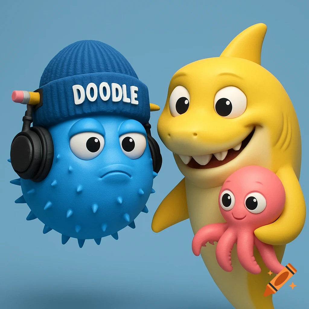A blue puffer fish wearing a blue beanie that says DOODLE and black headphones, next to a yellow shark holding a pink octopus, in a 3D animated style.