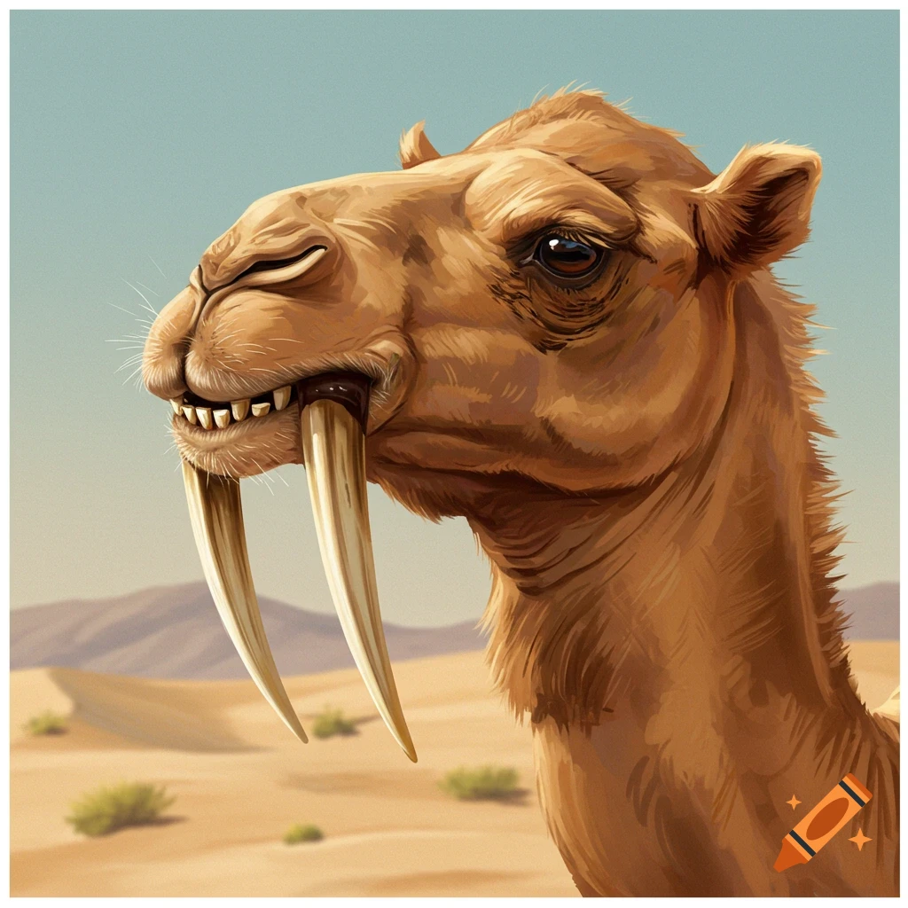 A close-up, stylized illustration of a camel with long, downward-curving tusks, standing in a desert landscape.