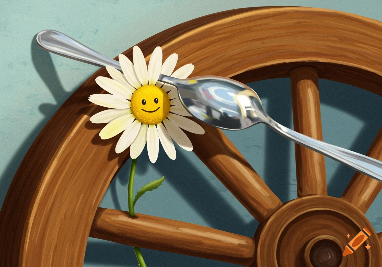 A cheerful daisy with a smiley face and a silver spoon resting on a wooden wheel against a blue wall, in an illustrative style.