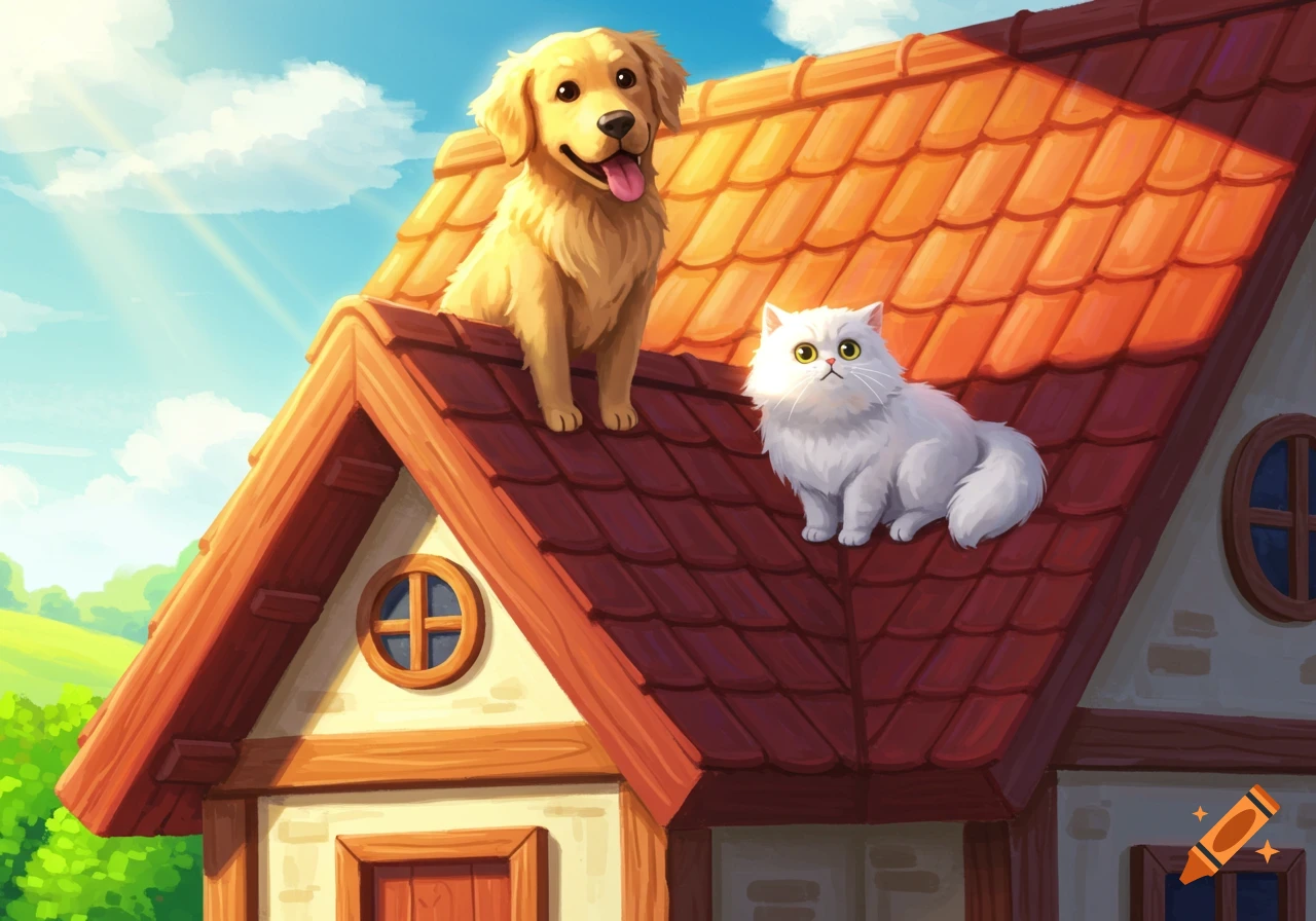A happy golden retriever dog and a white cat sit on a bright red-tiled roof under a sunny sky in a cartoon style.
