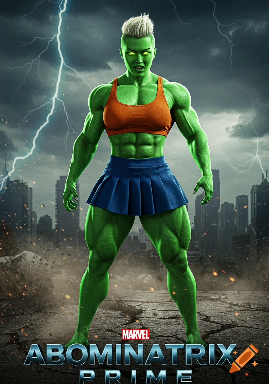 A cinematic movie poster of a muscular, green-skinned female superhero in a sports bra and skirt, on cracked ground with a stormy city background, titled 'ABOMINATRIX PRIME' with Marvel logo.