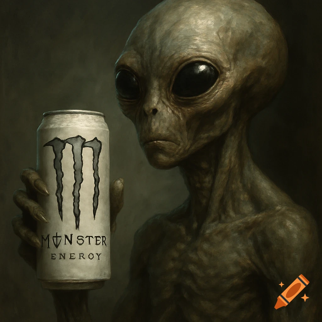 A photorealistic painting of a gray alien holding a white Monster Energy drink can.