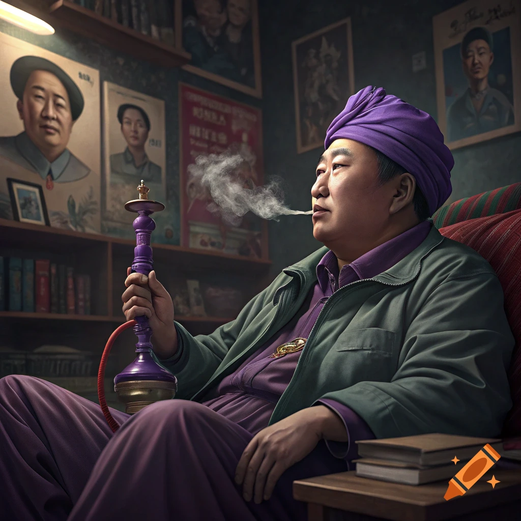 A man wearing a purple turban and green jacket sits in a red armchair, smoking a purple hookah. Portraits hang on the wall behind him.