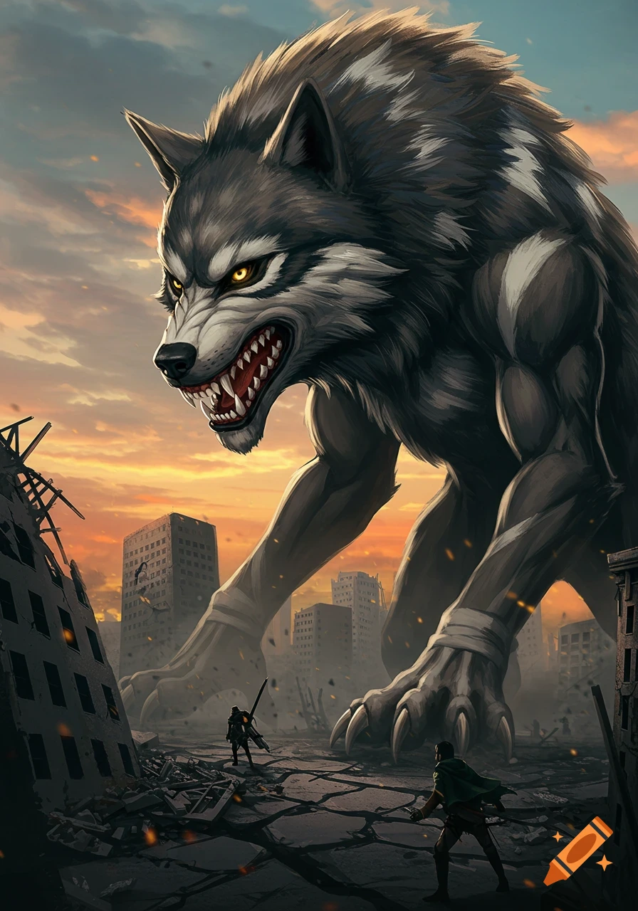 A colossal wolf-like creature looms over two tiny soldiers in a devastated city at sunset, in an anime style.