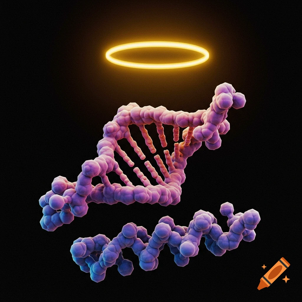 A 3D rendering of a stylized purple and pink DNA strand with a glowing yellow halo above it on a black background.