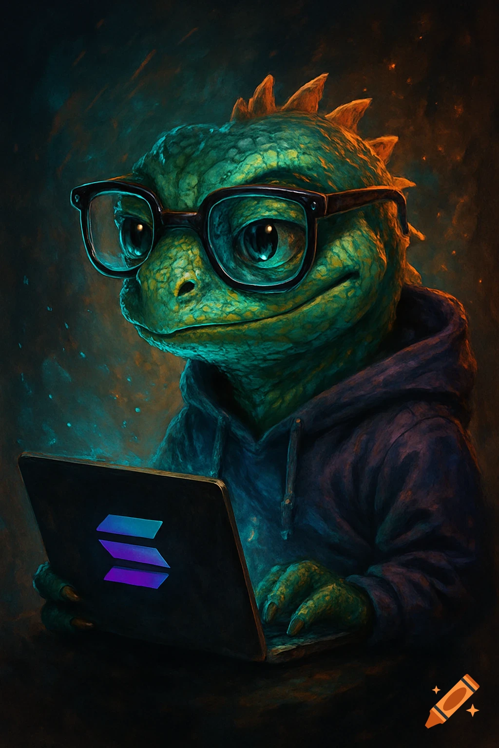 A nerdy green lizard wearing glasses and a hoodie, looking at a laptop with the Solana crypto logo on its screen.