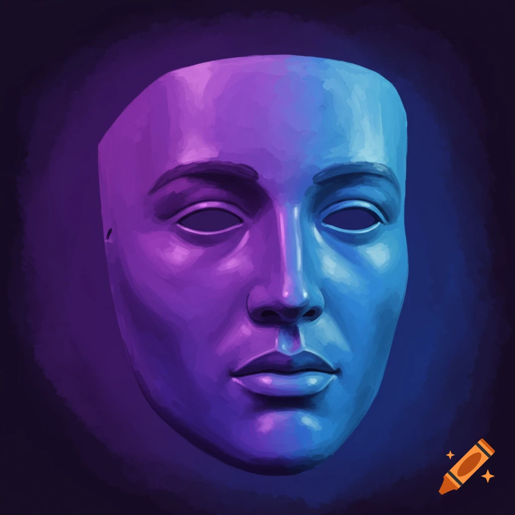 A purple and blue mask with a neutral face, against a dark background, in an artistic style.