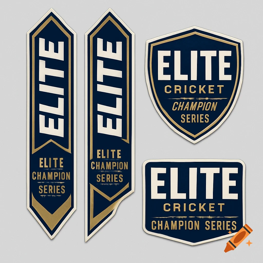 Four distinct blue and gold cricket bat sticker designs featuring 'ELITE CRICKET CHAMPION SERIES' text.