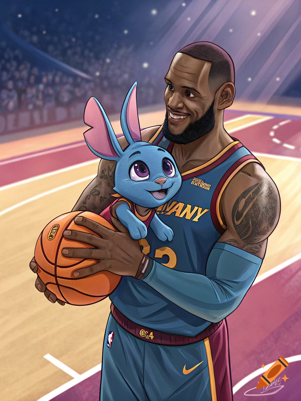 Cartoon illustration of LeBron James holding a small blue rabbit character with large pink ears and a basketball on a court.