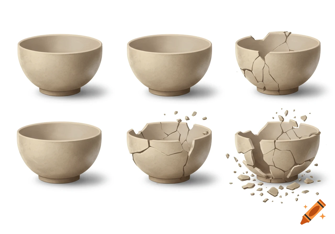 Six beige clay bowls shown in a progression from whole to completely shattered, with ceramic pieces flying on a white background.