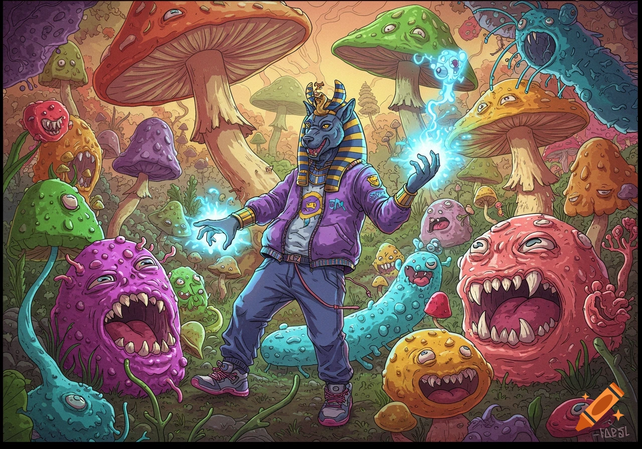Anthro Egyptian deity Set with a jackal head, purple jacket, and blue jeans, casts magic amidst a vibrant, cartoonish forest of monstrous, screaming fungi.
