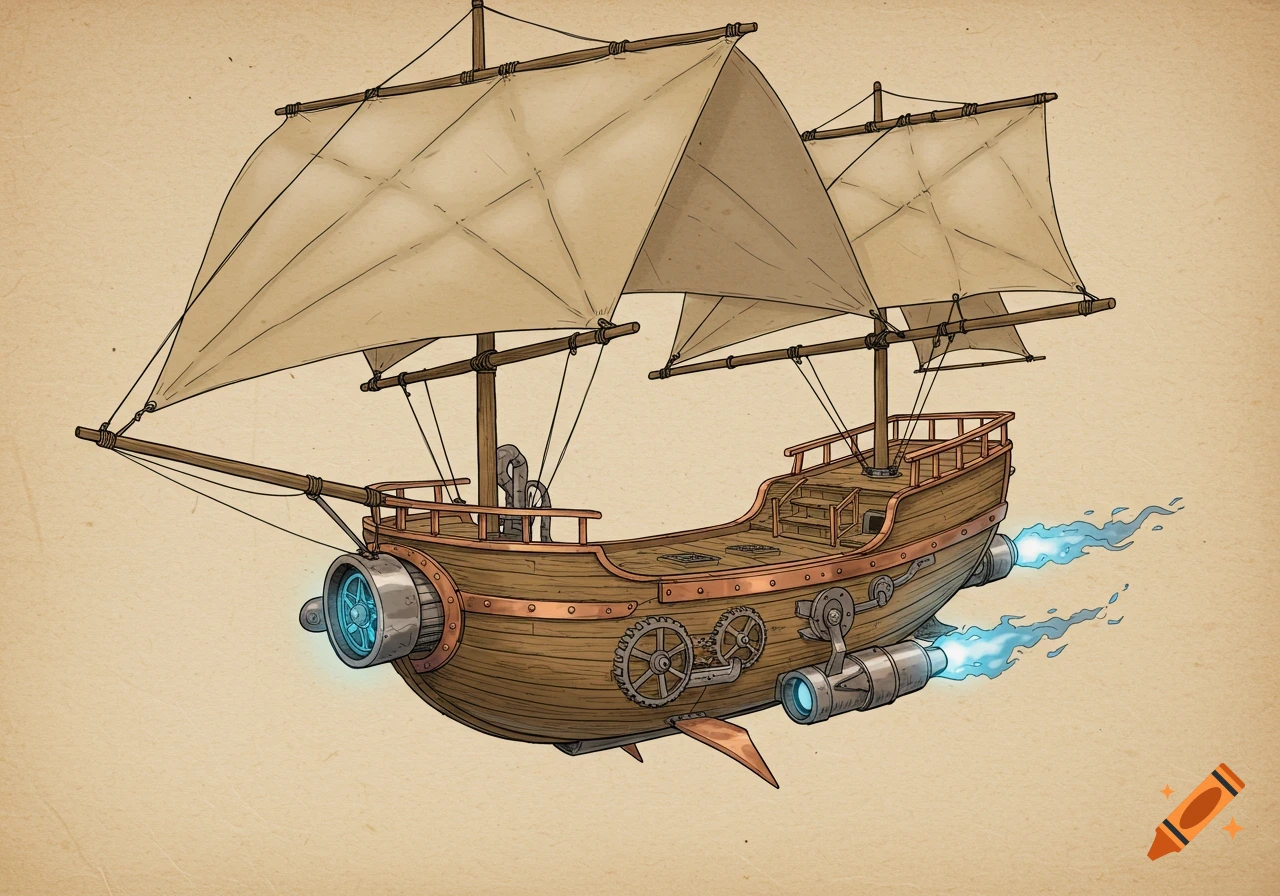 Hand-drawn steampunk airship with sails, jet engines, and gears on a sepia parchment background.