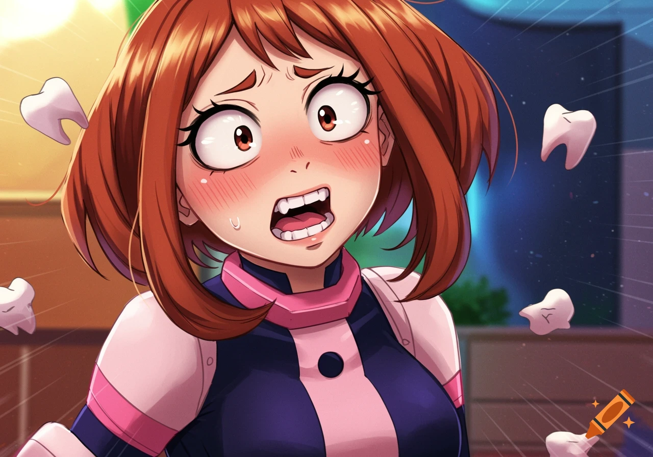 Anime illustration of Uraraka from My Hero Academia looking shocked as her teeth float around her.