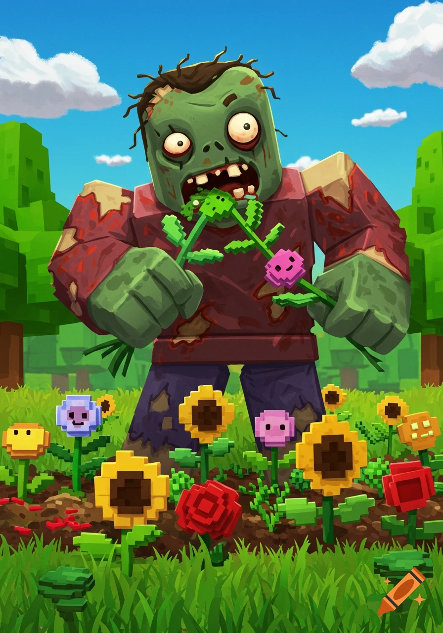 A blocky zombie in a garden, tearing apart and eating colorful pixelated flowers, in a Minecraft-like art style.