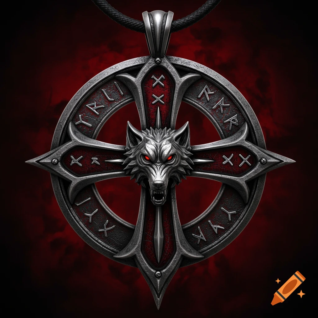 A detailed silver and red medallion featuring a fierce wolf head with glowing red eyes, surrounded by a cross and runic symbols on a dark background.