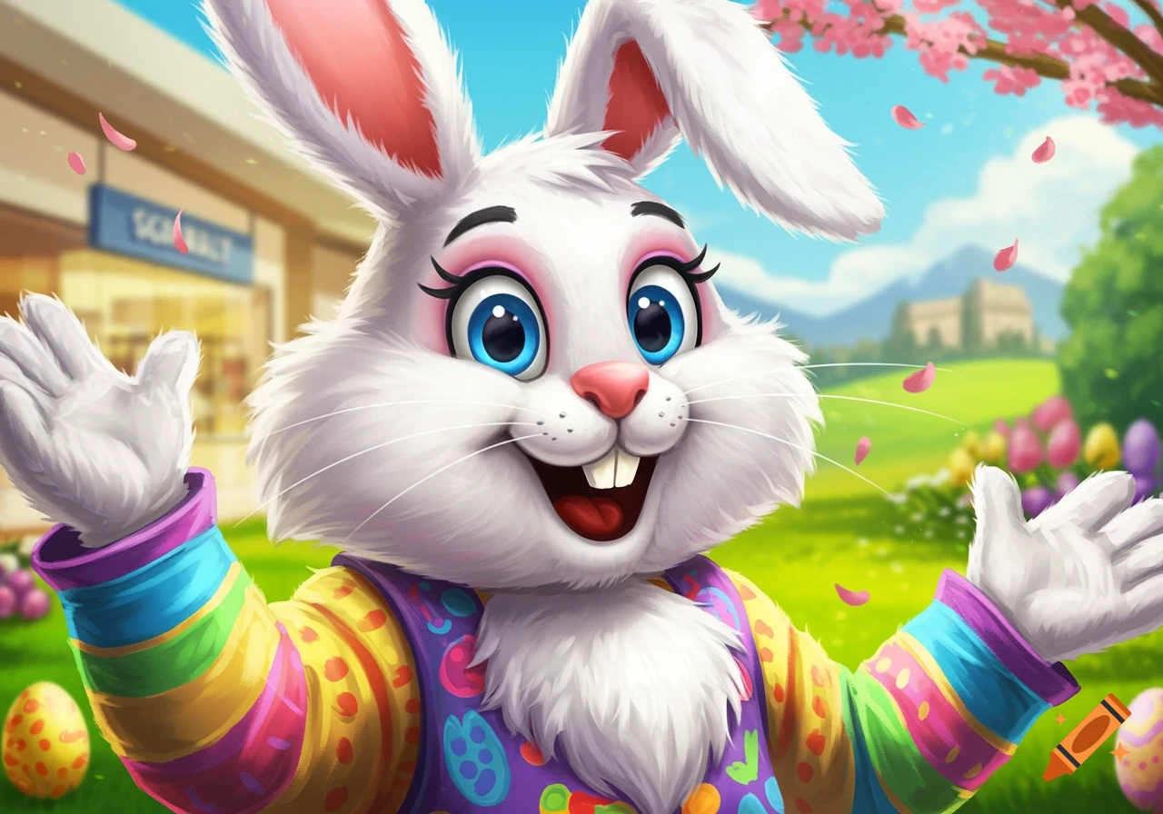 A cheerful cartoon Easter bunny in a colorful outfit with arms open, standing in a field of eggs with a building in the background.