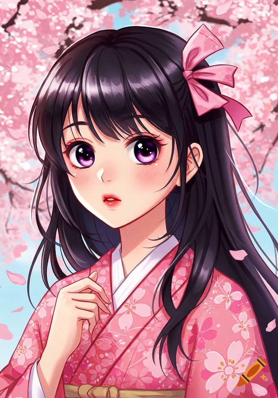 Anime-style portrait of a young girl with long dark hair and purple eyes, wearing a pink kimono, surrounded by cherry blossoms.