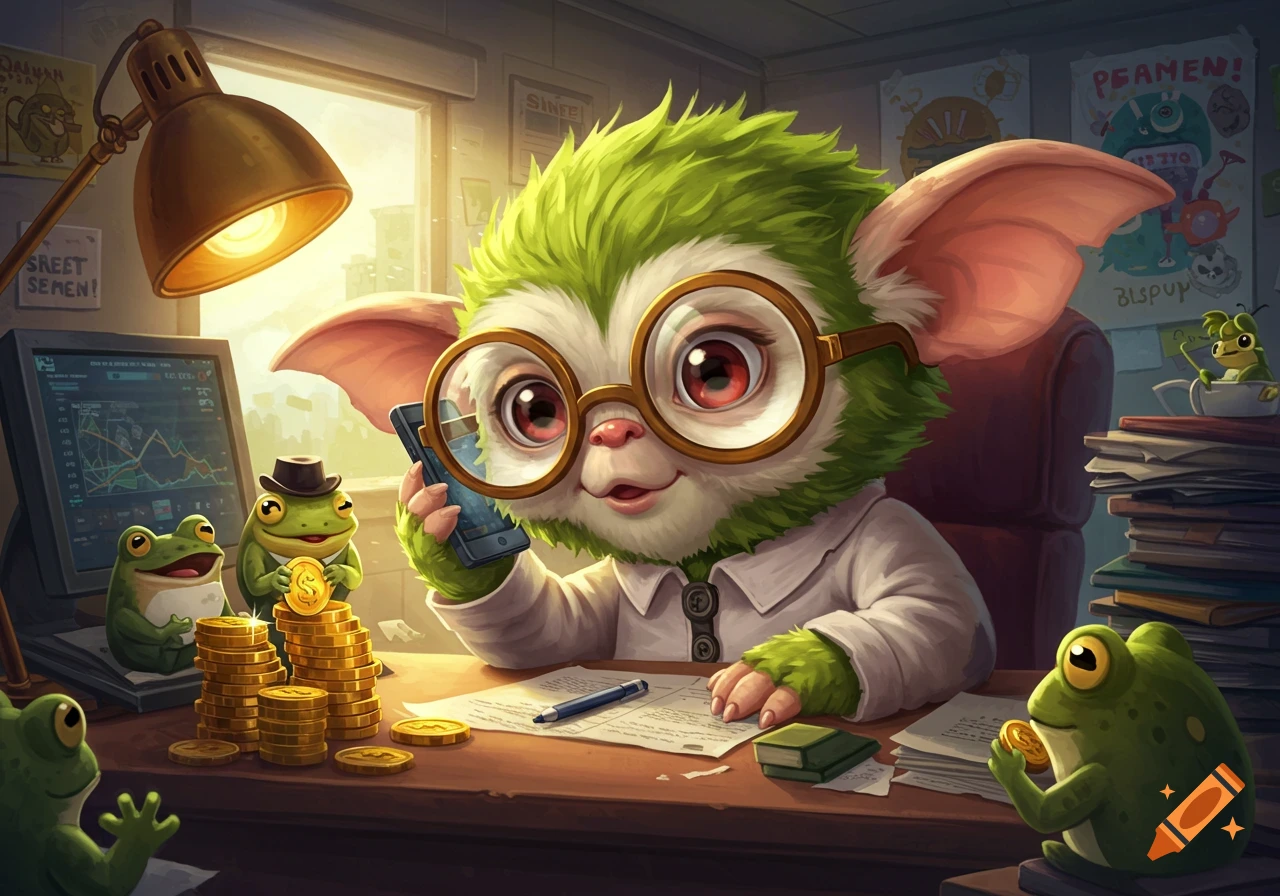A cute green gremlin-like creature with large glasses sits at an office desk, talking on a smartphone, surrounded by gold coins and happy green frogs. One frog wears a top hat, another holds a coin, and a computer monitor displays financial graphs.