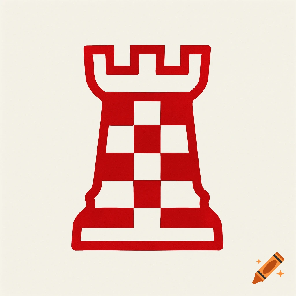 A red and white chess rook with a checkerboard pattern, in a simplistic ...