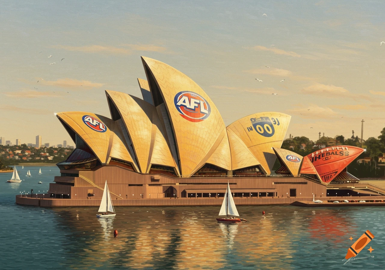 An artistic rendering of the Sydney Opera House with its sails transformed into Australian Rules Footballs, floating on water with sailboats.