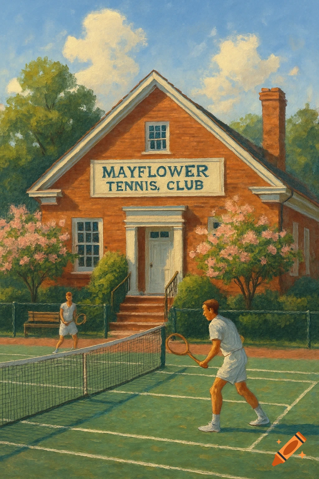 A painting of two men playing tennis on a green court in front of a brick building with a sign reading "Mayflower Tennis, Club".