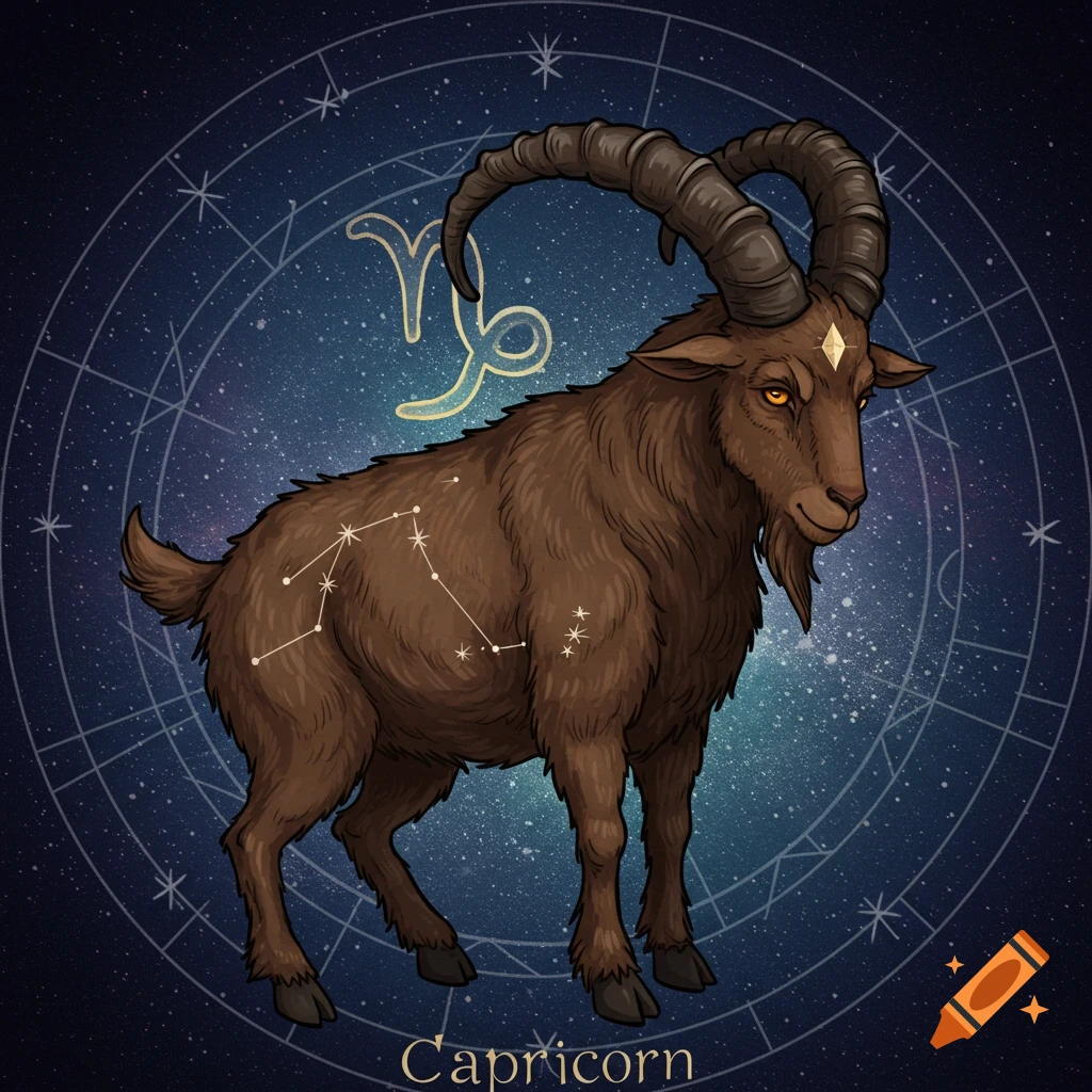 A brown goat with large horns represents the Capricorn zodiac sign on a starry blue background with constellation lines and the Capricorn symbol.