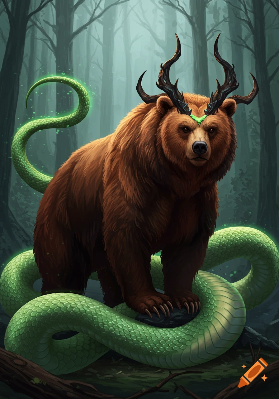 A brown bear with dark horns and a glowing green snake for a tail ...