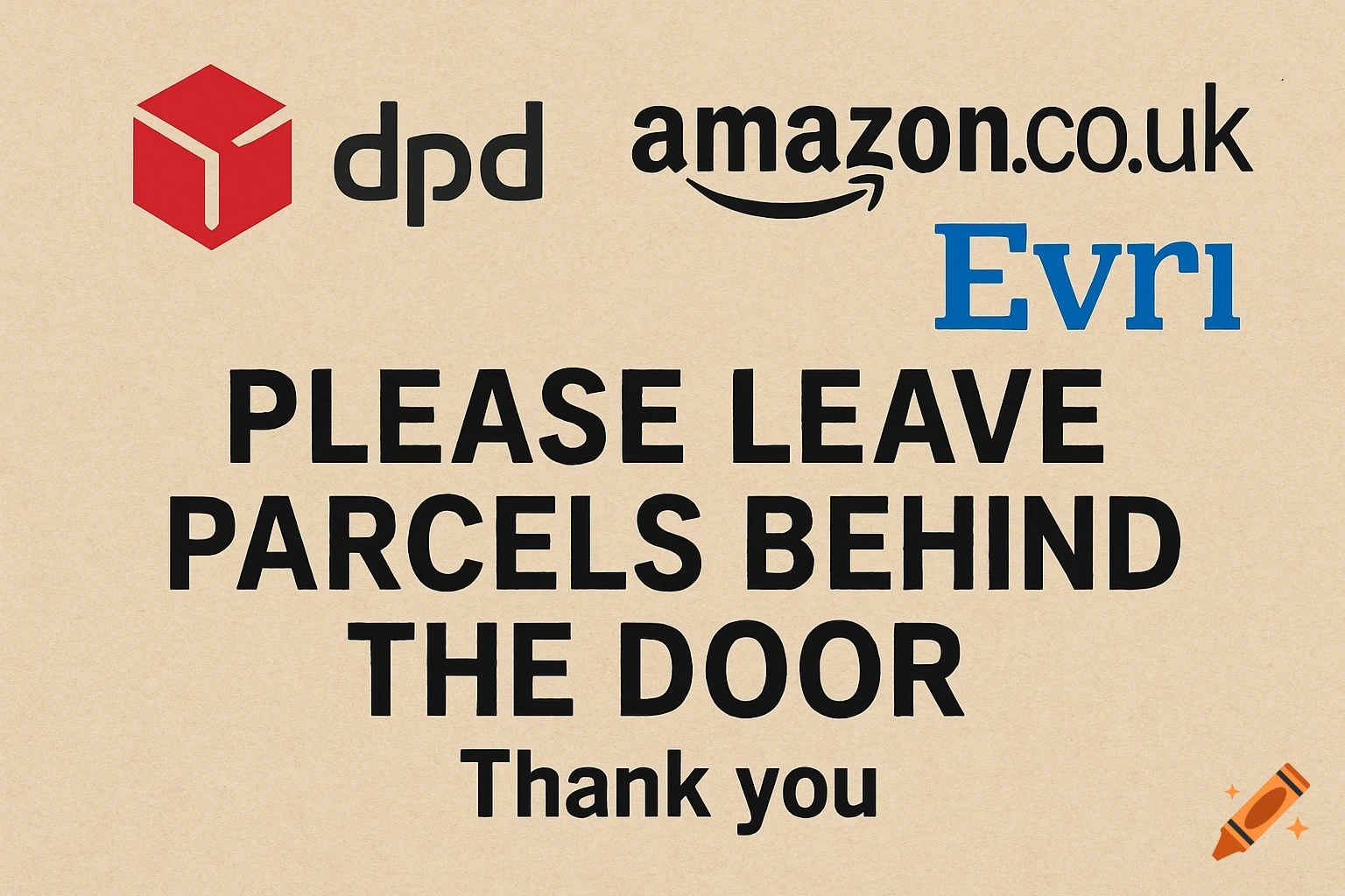 A landscape poster with DPD, Amazon.co.uk, and Evri logos above the text 'PLEASE LEAVE PARCELS BEHIND THE DOOR Thank you'.