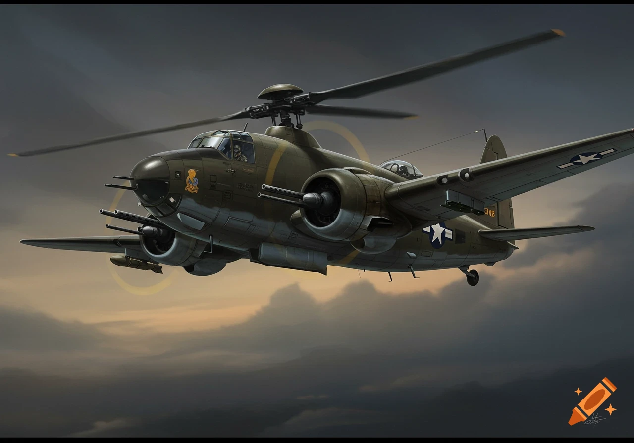 A dark green military hybrid aircraft with a helicopter rotor flying through a cloudy sky.