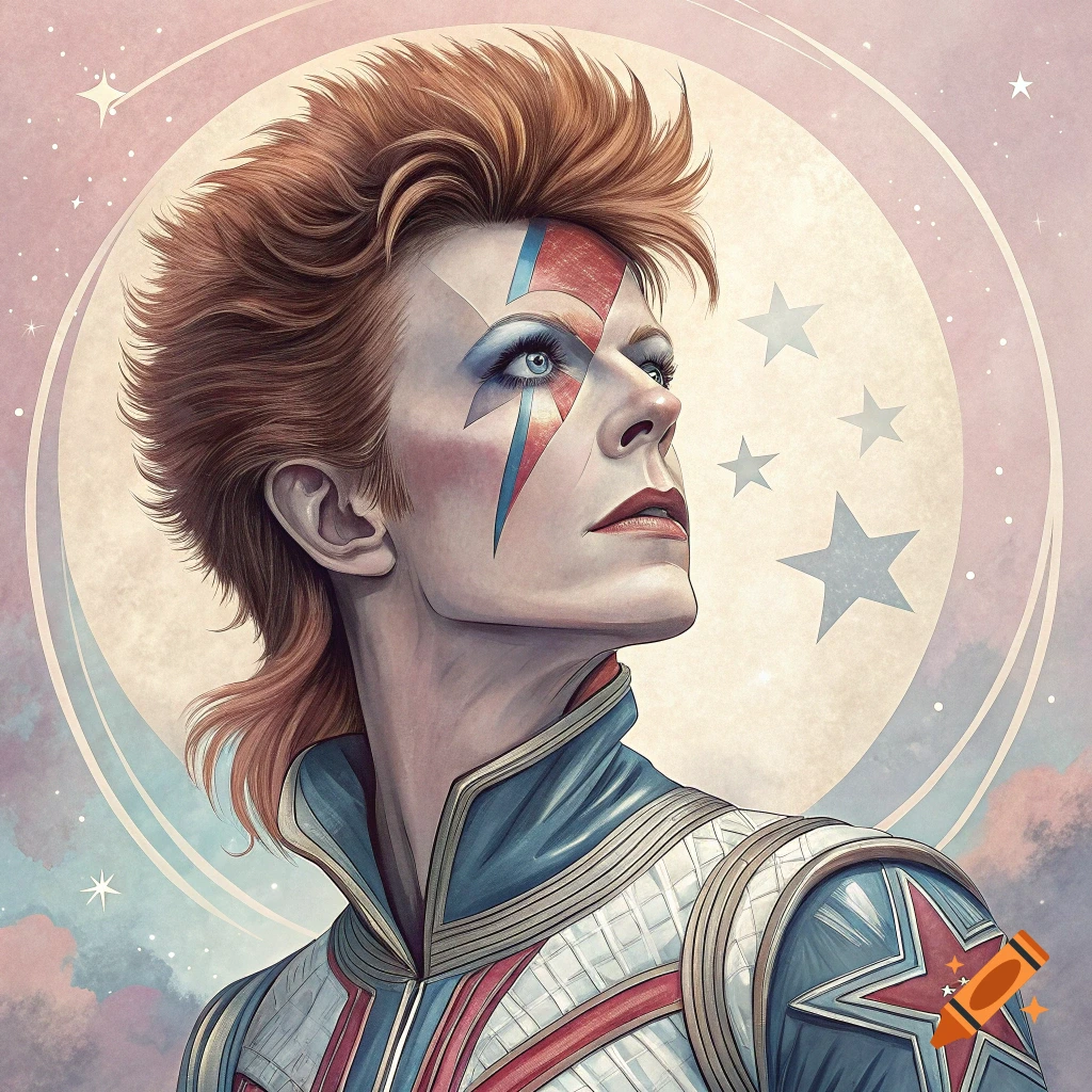 Stylized illustration of David Bowie as Starman with his iconic lightning bolt makeup, looking up against a pastel cosmic background with stars.