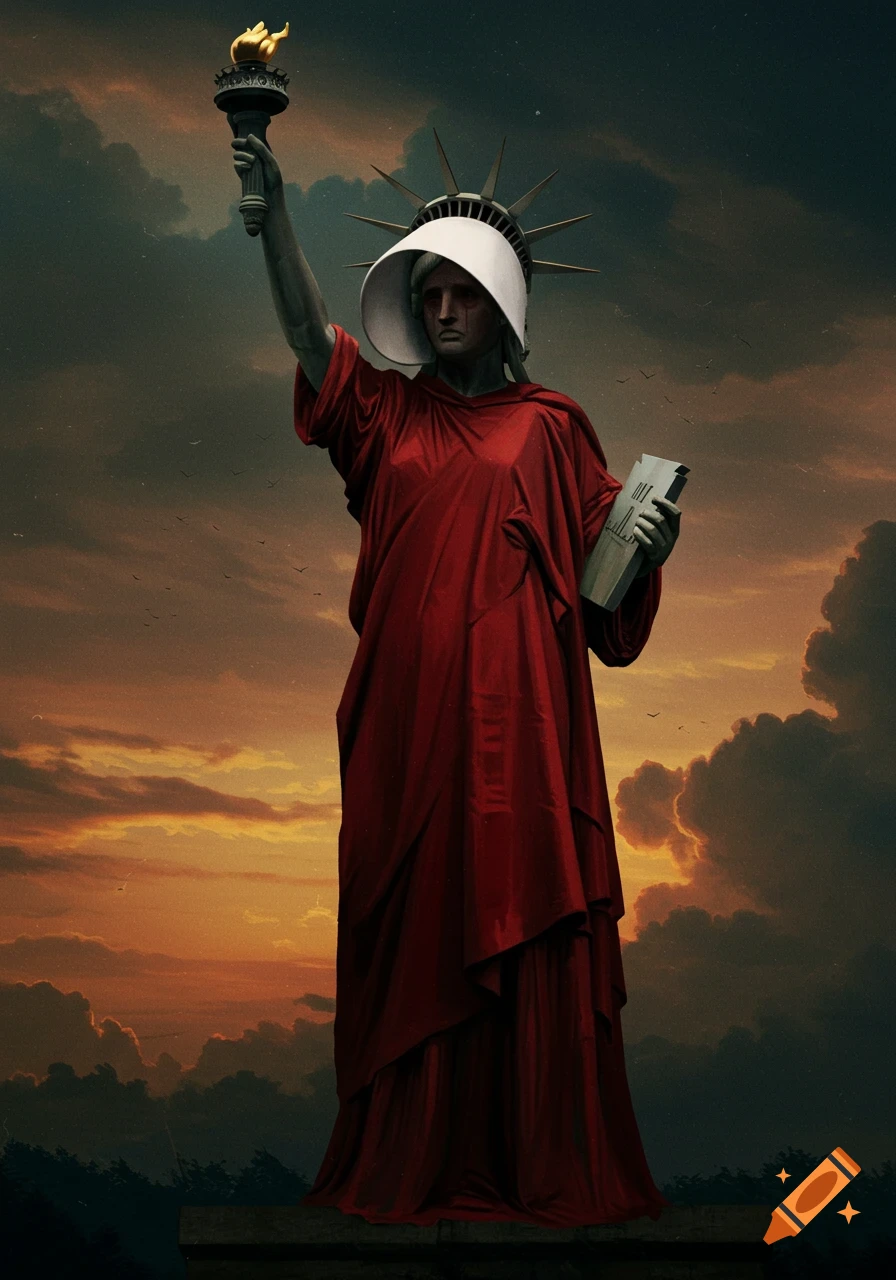Statue of Liberty dressed as a Handmaid in a red robe and white bonnet holding a torch and a book against a dramatic sunset sky.