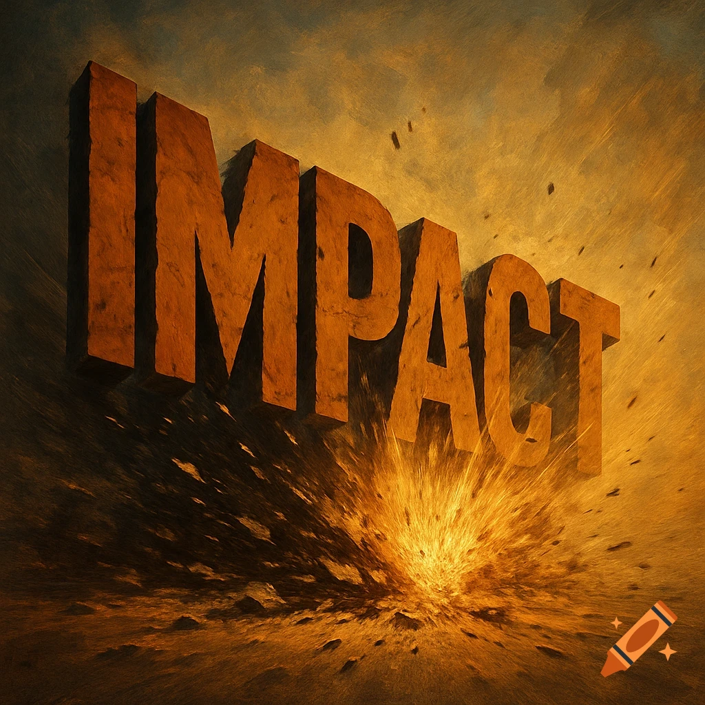 Large, textured 3D letters spelling 'IMPACT' explode from below, casting long shadows on a grunge, orange and brown background.