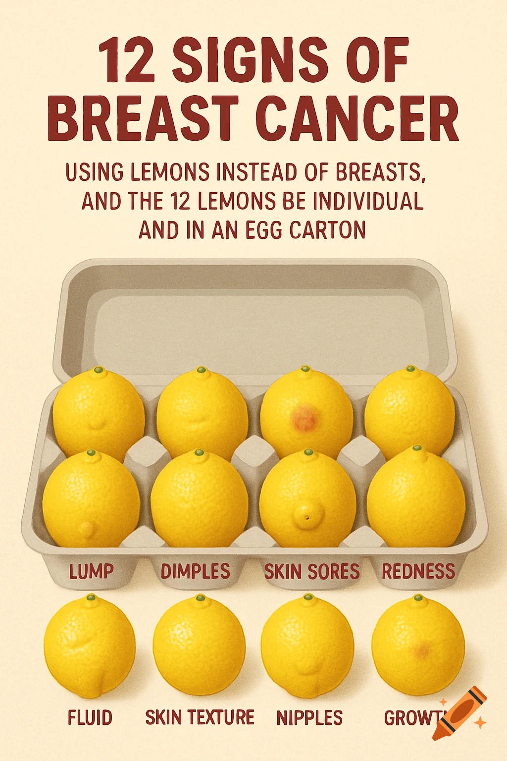 An educational poster titled "12 SIGNS OF BREAST CANCER" uses lemons in an egg carton to illustrate symptoms like lumps, dimples, skin sores, redness, fluid, texture changes, nipple changes, and growth.