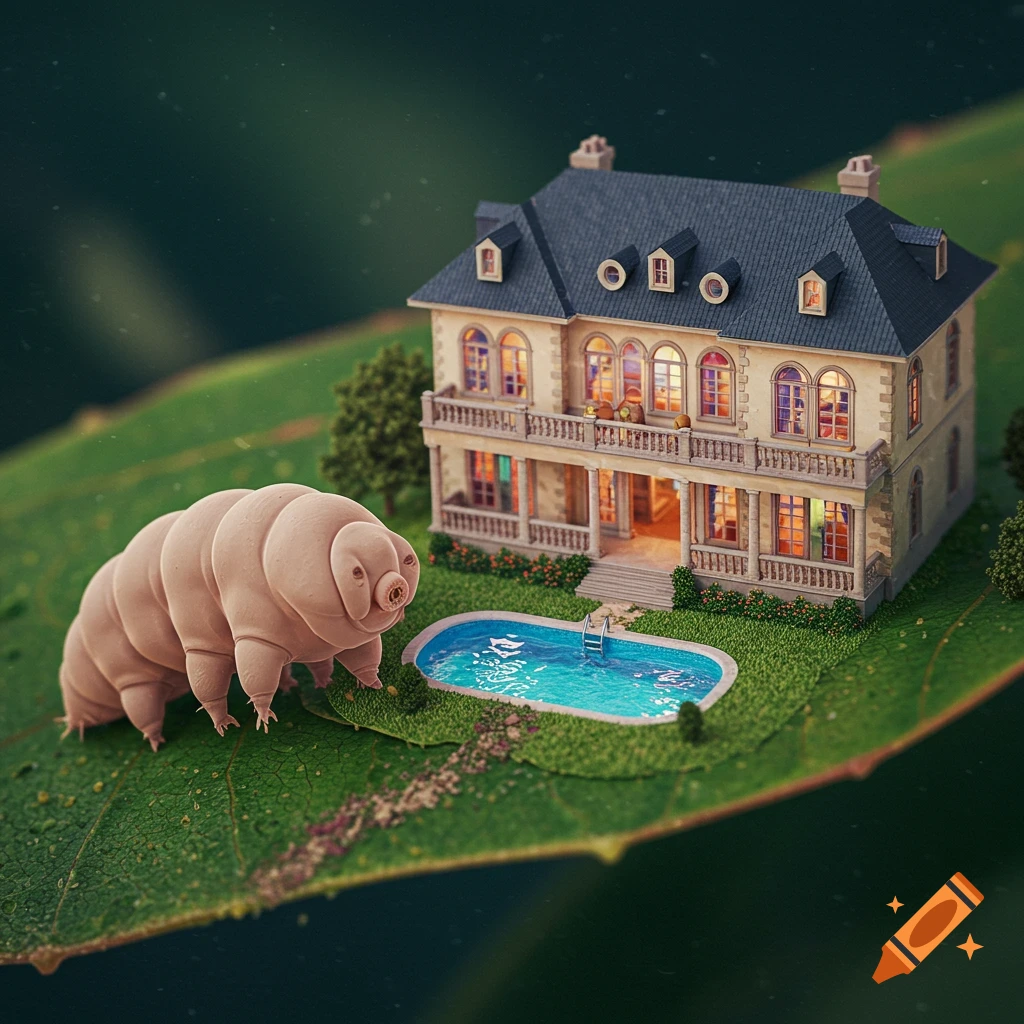 A giant tardigrade stands on a green leaf next to a miniature, fancy mansion with a pool, photorealistic.