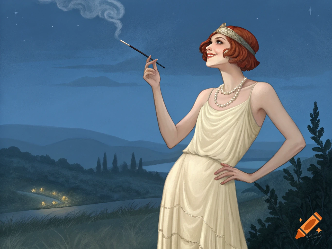 Illustration of a red-haired woman in a cream 1920s dress, holding a cigarette holder, smiling and looking up at the night sky in a landscape.