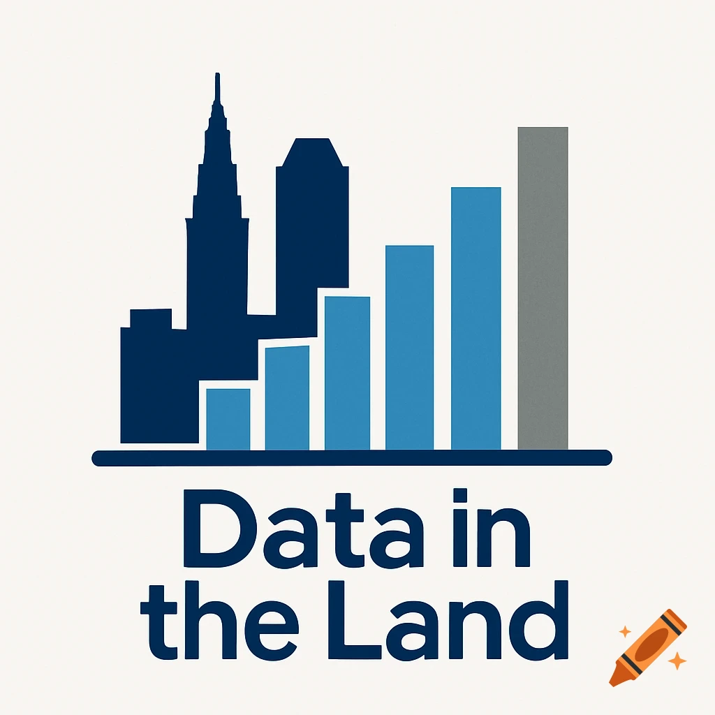 A modern logo featuring a dark blue cityscape silhouette blending into blue and gray data bar charts, with the text 'Data in the Land' below.