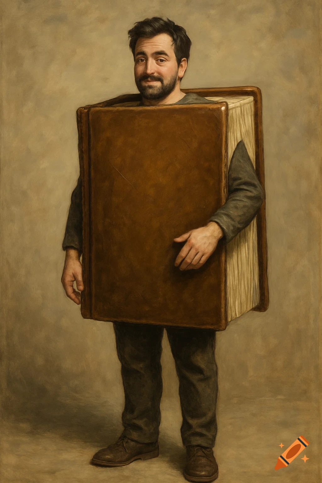 A man with a beard smiles while wearing a large, brown, old-fashioned book as a costume, in a painterly style.