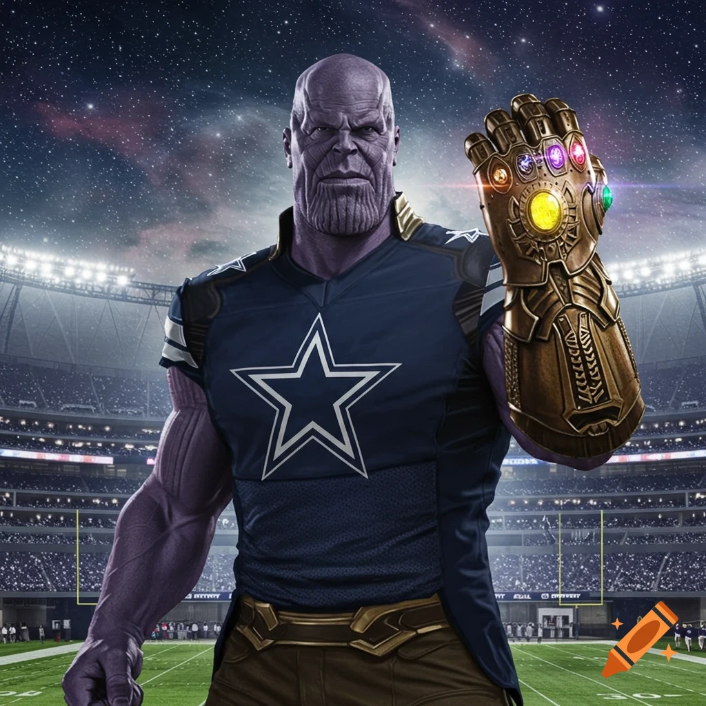 Thanos wearing a Dallas Cowboys jersey and holding the Infinity Gauntlet on a football field in a stadium at night, photorealistic.