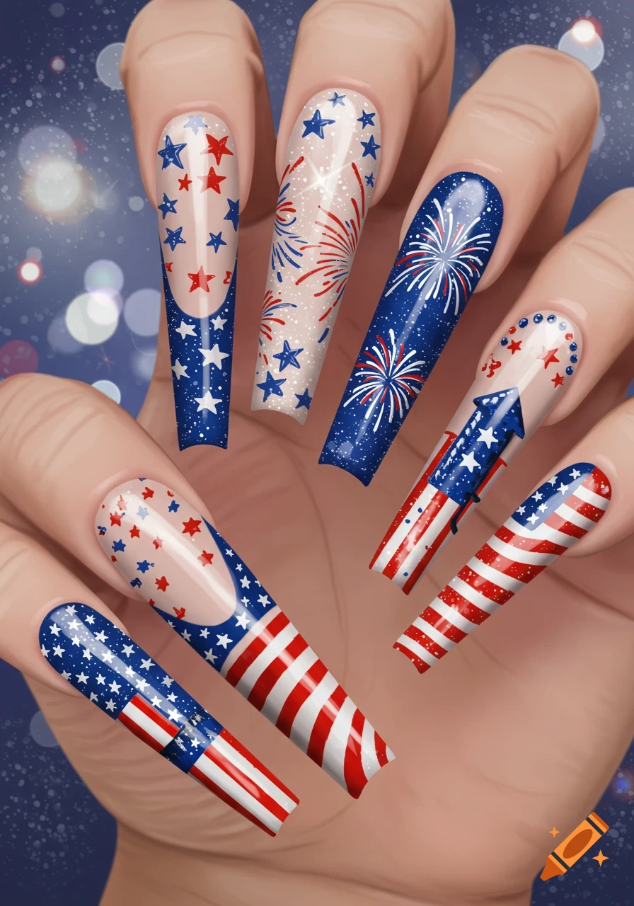 Close-up of a hand with long coffin-shaped nails painted in red, white, and blue patriotic designs, including American flags, stars, and fireworks.
