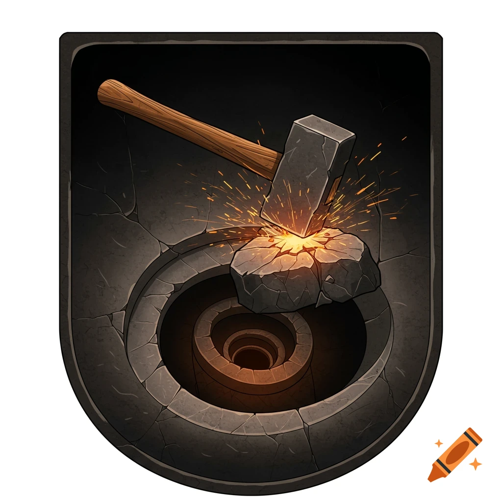 An insignia illustration of a hammer striking a rock with sparks flying, above a dark, spiral tunnel.